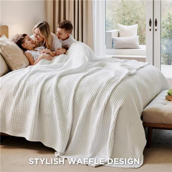 Cooling Cotton Waffle Queen Size Blanket - Lightweight Breathable - Picture 6 of 7